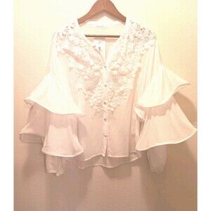 12th Tribe White Cotton Lace Ruffle Tiered Bell Sleeve Button Down Blouse Top L